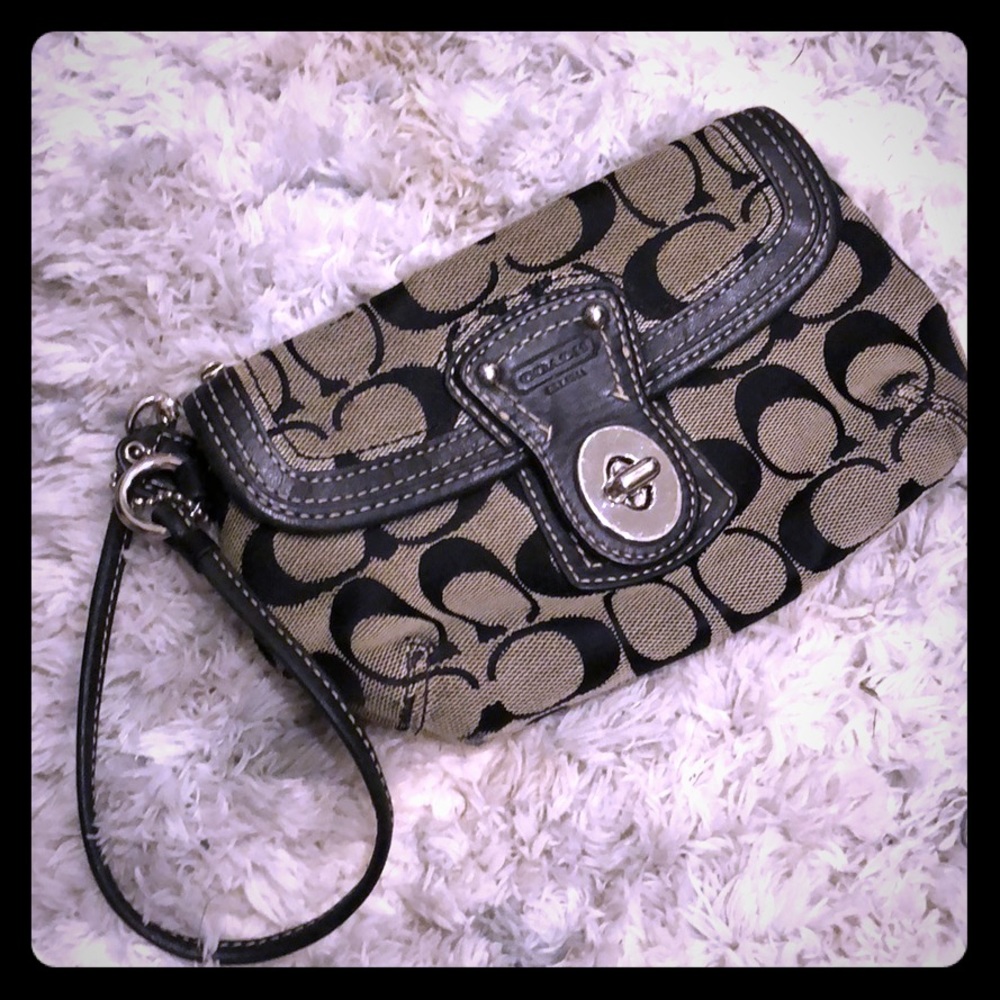 Coach black wristlet purse, leather and cloth.